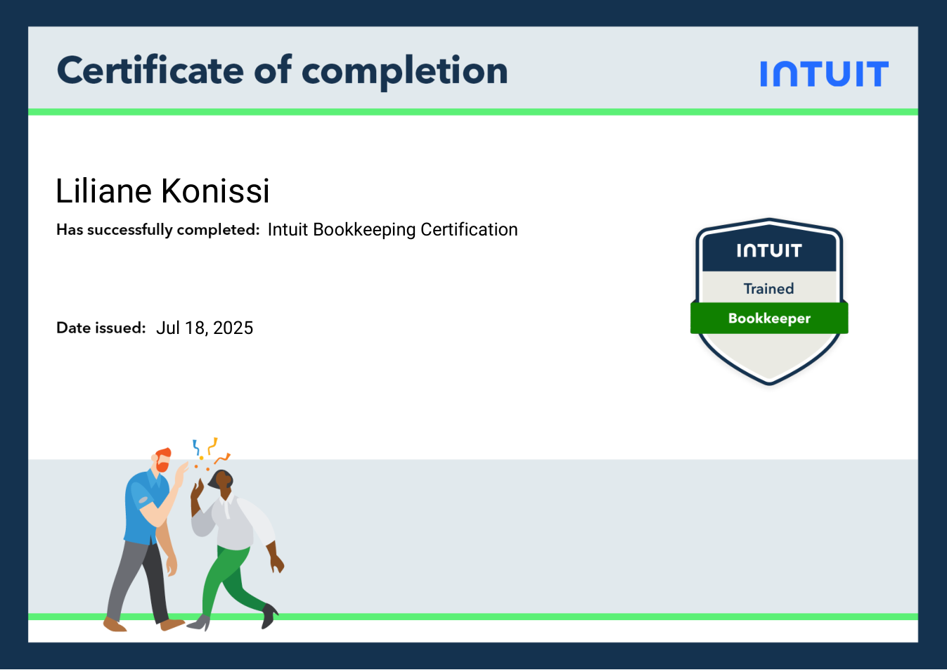 Intuit Bookkeeping Certification certificate for Liliane Konissi