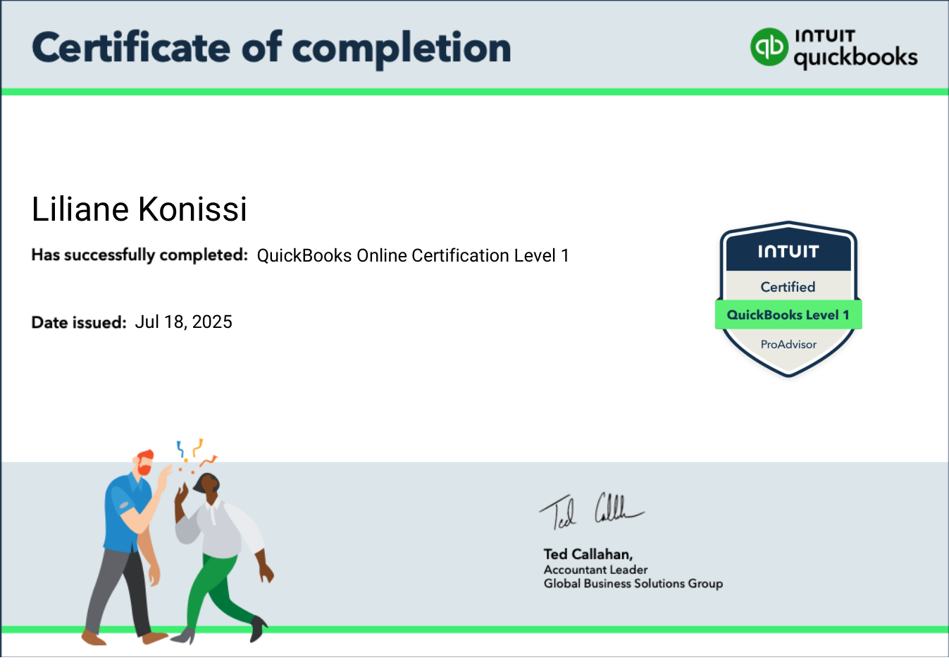 QuickBooks Online Certification Level 1 certificate for Liliane Konissi
