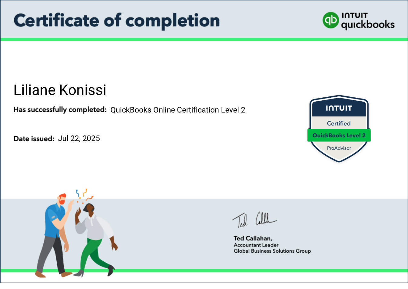 QuickBooks Online Certification Level 2 certificate for Liliane Konissi
