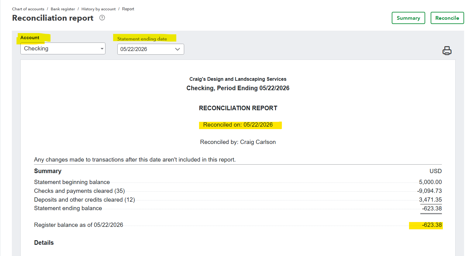 Bank Reconciliation Summary screenshot