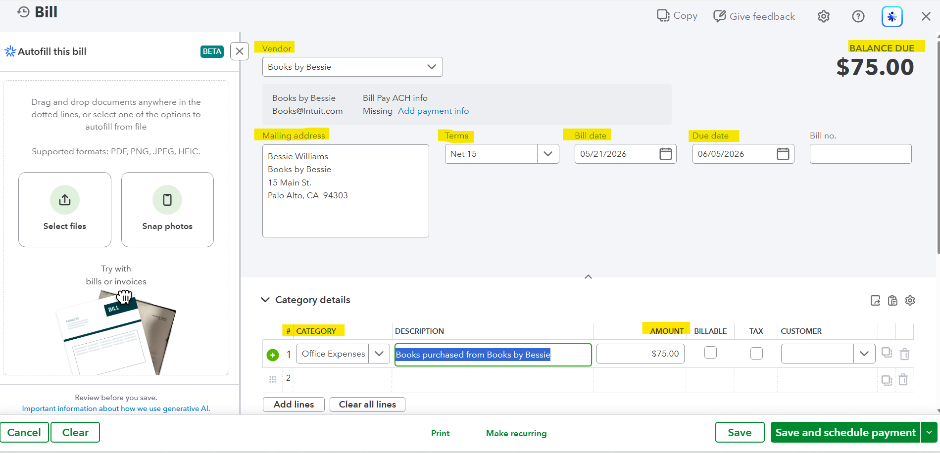 Vendor Bills screenshot